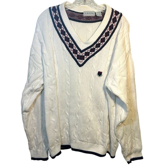 IZOD MENS Sweater XL WHITE BLUE Argyle PREPPY HIPHOP cricket Academia Vtg 80s - Picture 1 of 11